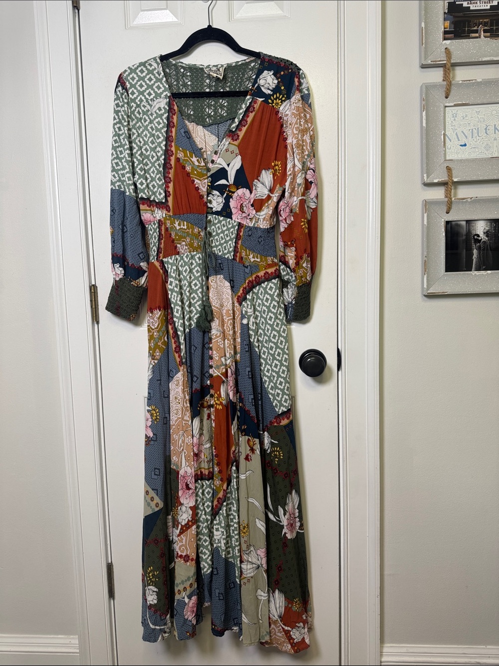 Jaase “Handshaped in the Shed” Patchwork Boho Maxi Dress Crochet Lace Back Large - Picture 3 of 9